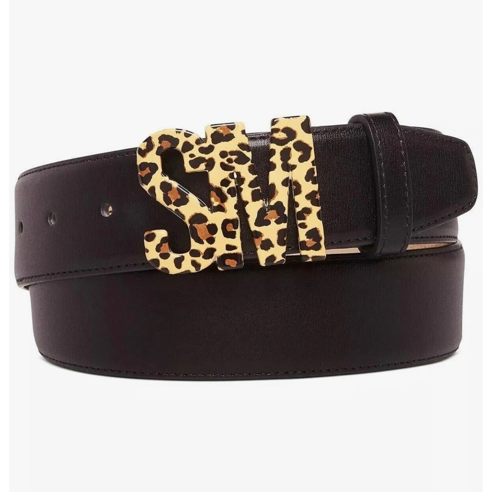 STEVE MADDEN Logo buckle faux-leather women's belt- Black/Leopard - Picture 1 of 3